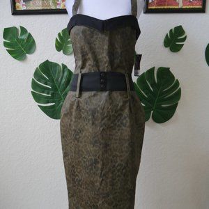 Sexy BNWT Deep Olive Green Leopard Print Wiggle Dress Switchblade Stilletto Sz L